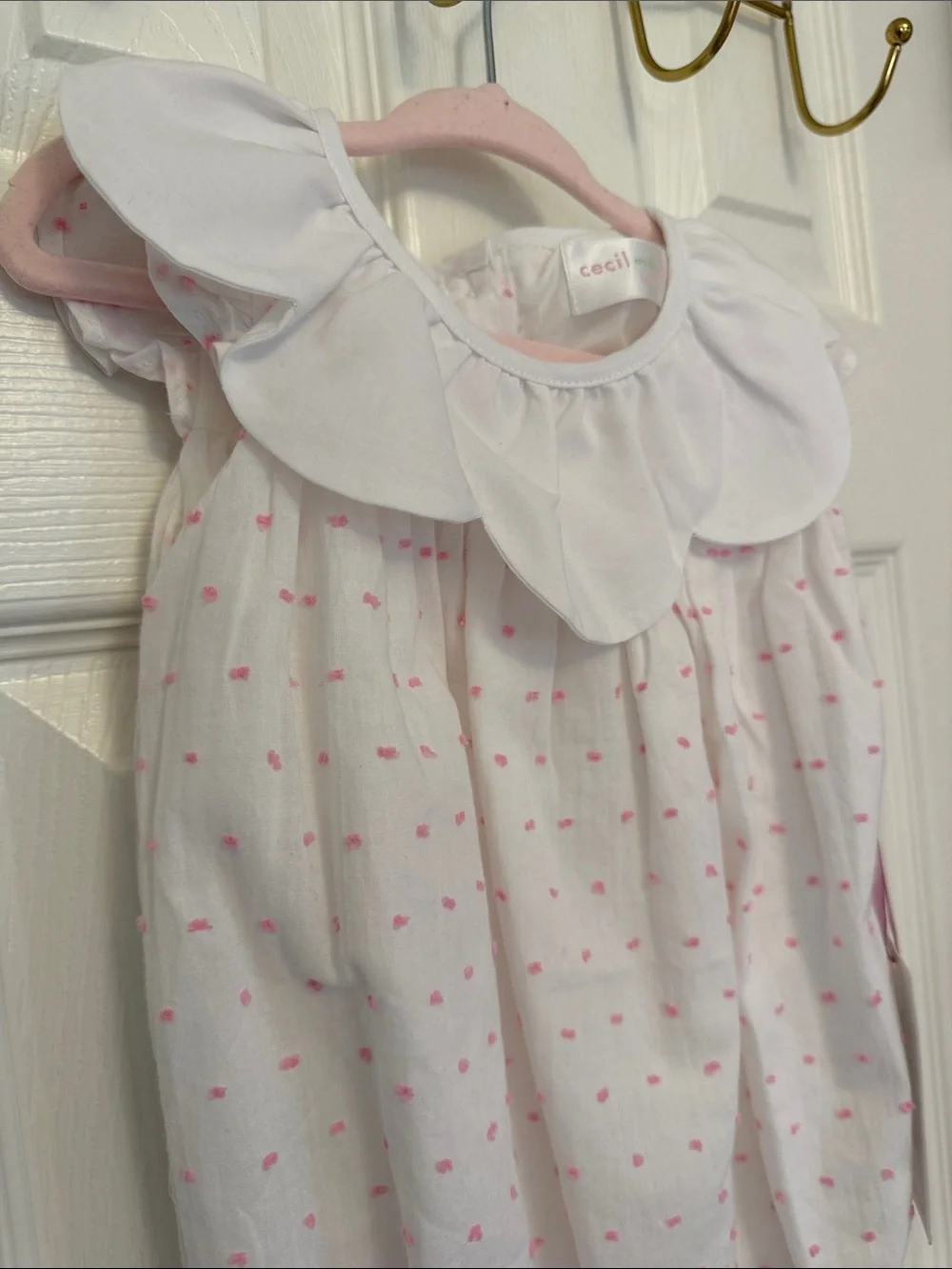 White Baby One-Piece with Pink Dot Trim and Scalloped Collar